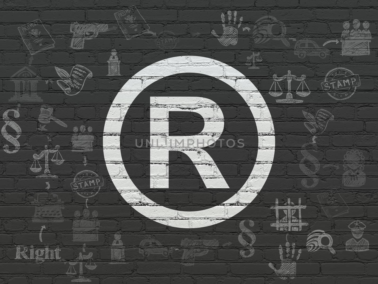 Law concept: Painted white Registered icon on Black Brick wall background with Scheme Of Hand Drawn Law Icons