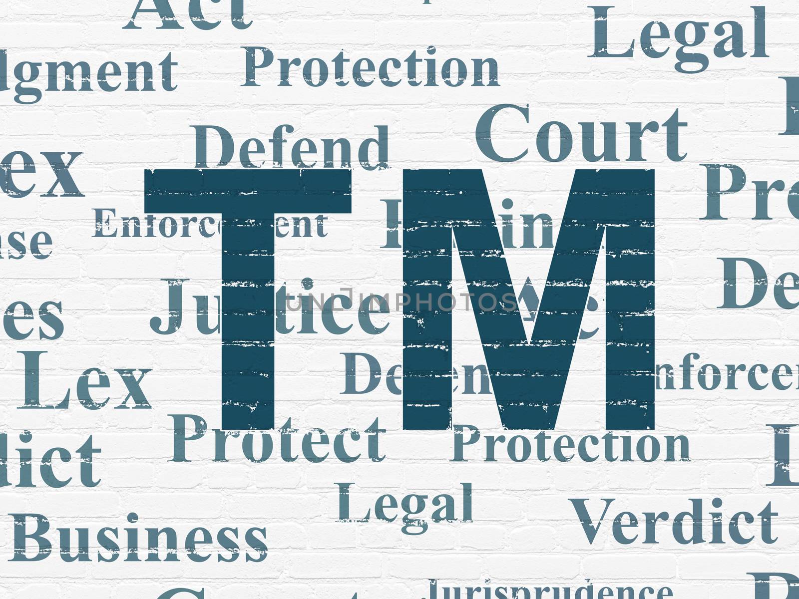 Law concept: Painted blue Trademark icon on White Brick wall background with  Tag Cloud