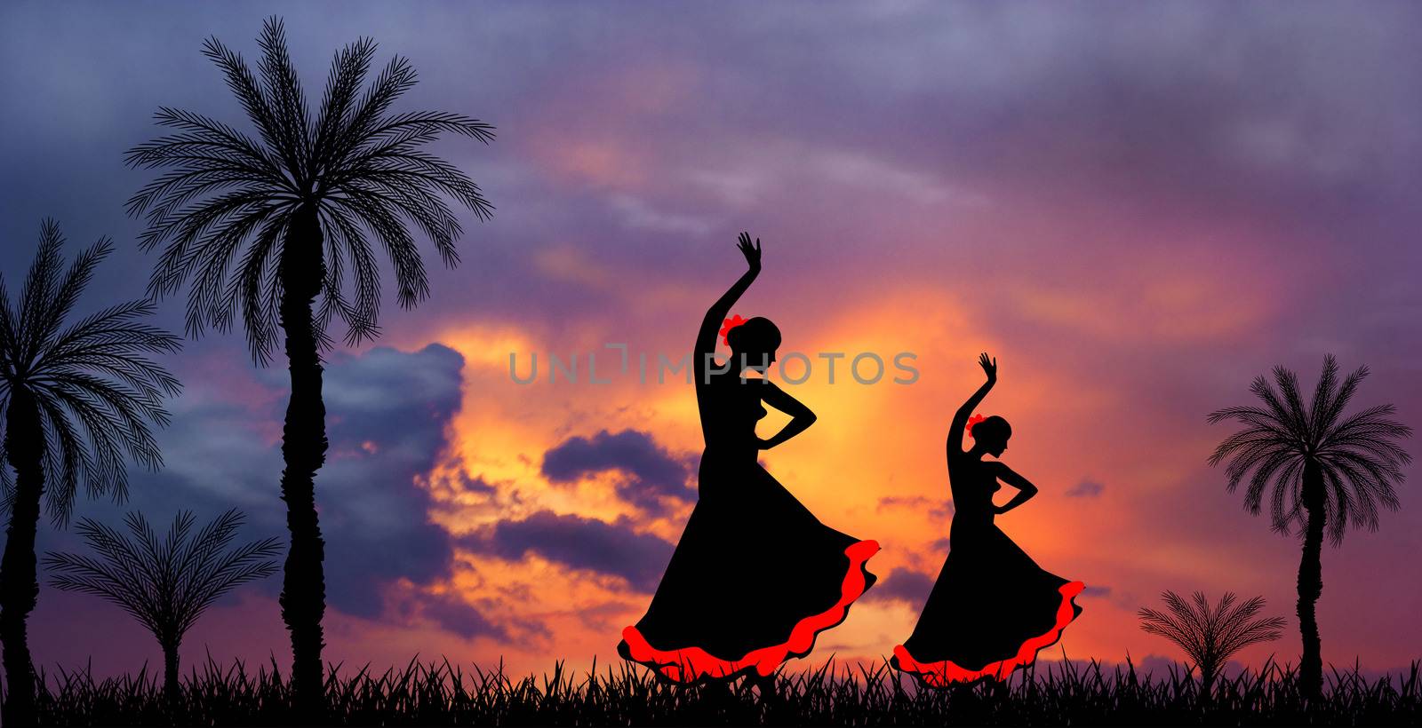Two girls are dancing flamenco. Silhouettes of girls dancing flamenco. Sunset shines before a thunderstorm.                                                                                                                                                                               