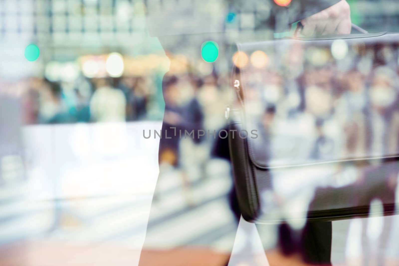 abstract image of business man background, business man and People commuting in rush hour at zebra crossing double exposure. business concept