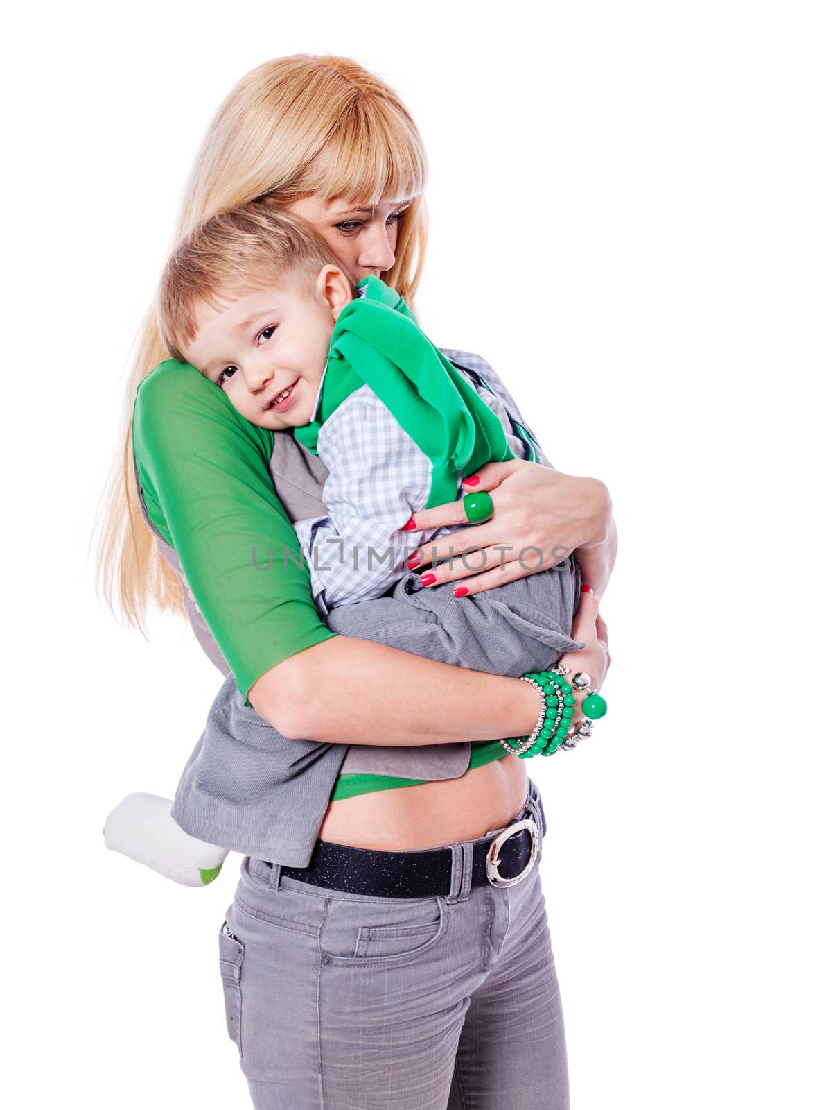 Boy hugging mom tight isolated on white