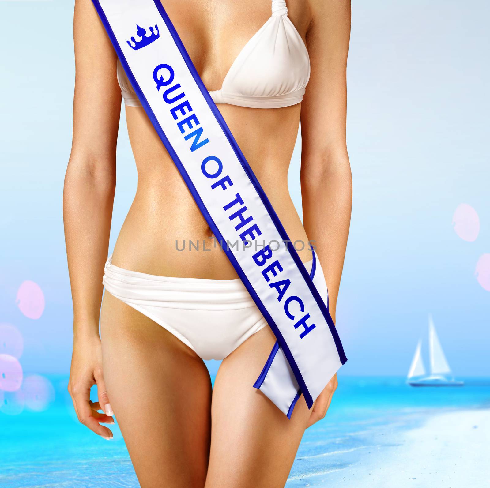 woman with white tape of beauty contest on beach