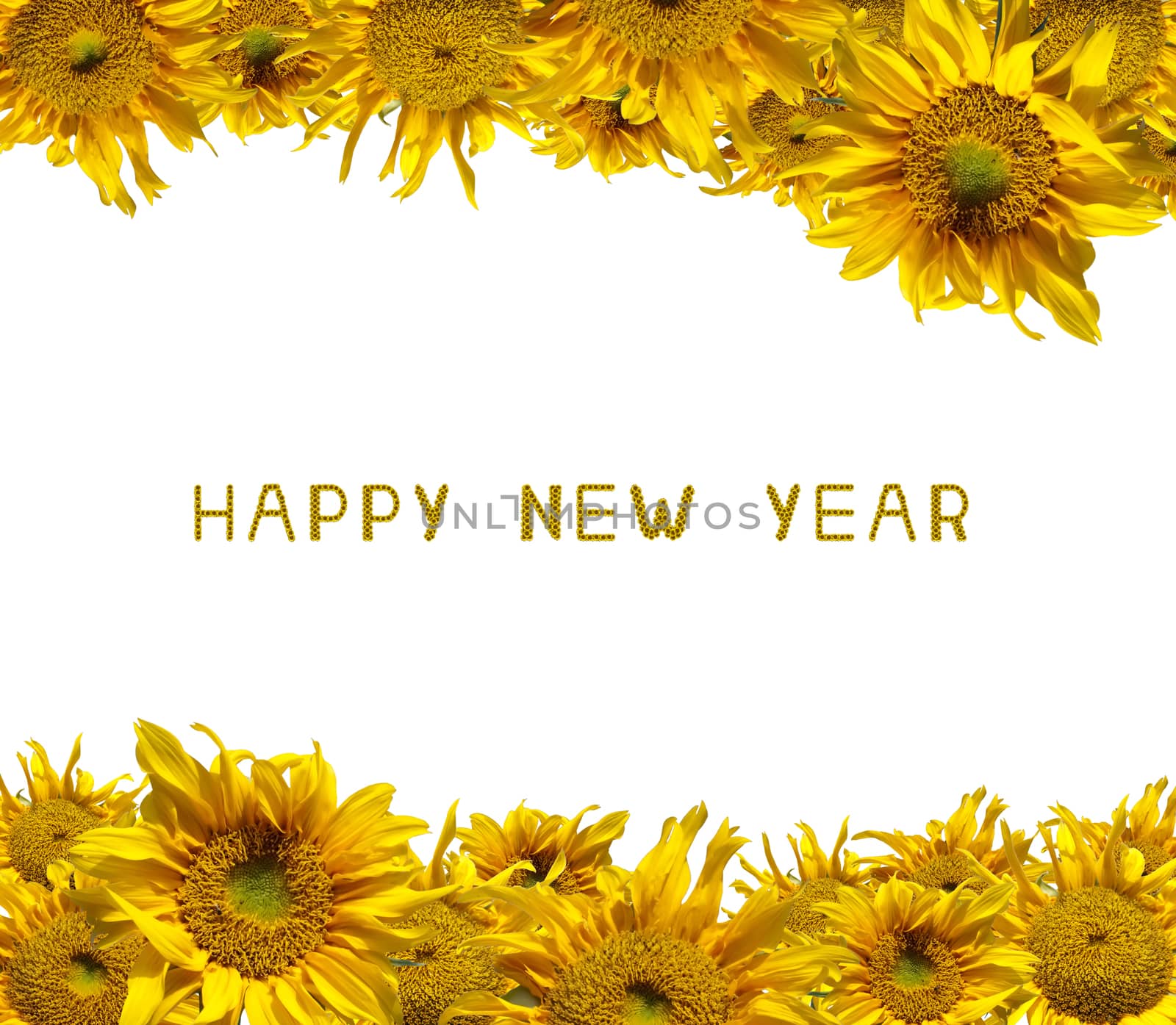 Beautiful frame of colorful sunflowers with sunflower letter arrange in the words Happy New Year, clipping path included.
