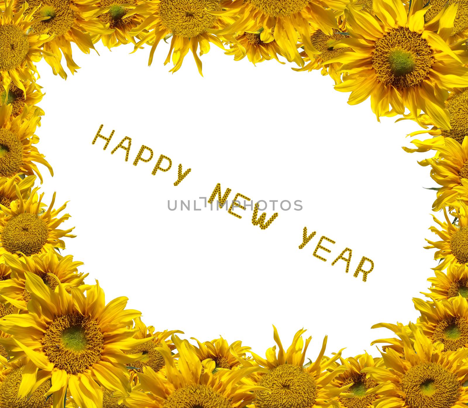 Beautiful frame of colorful sunflowers with sunflower letter arrange in the words Happy New Year, clipping path included. 