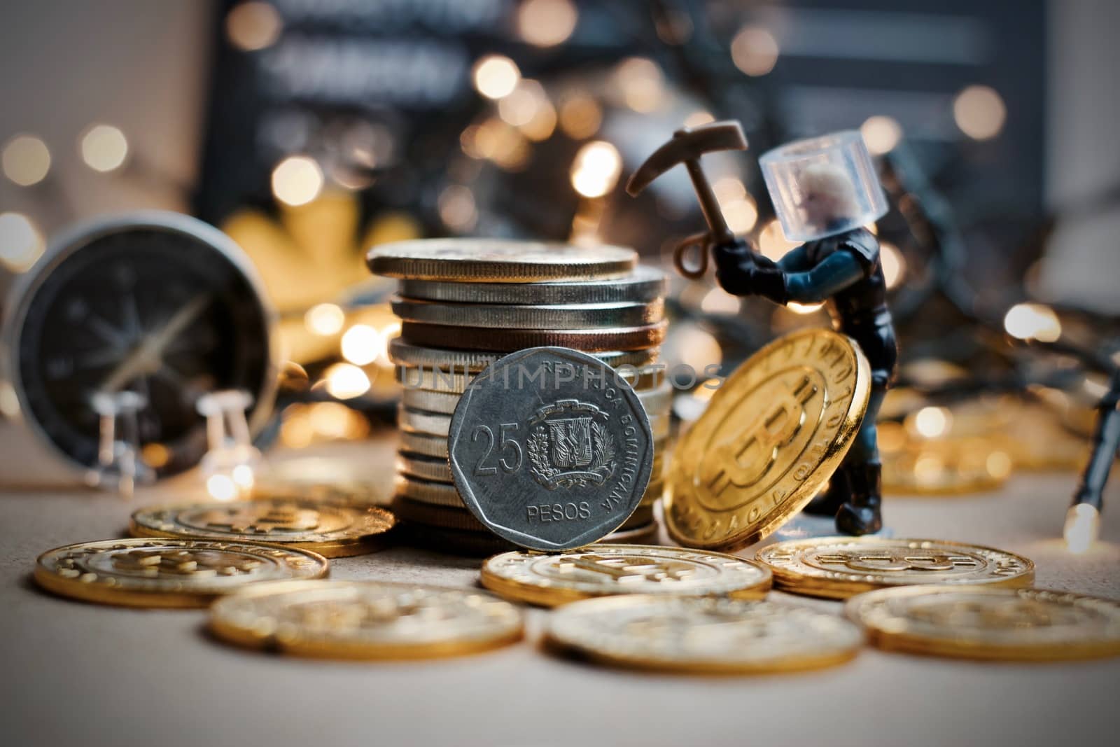 Digital currency physical metal coin. Christmas cryptocurrency concept.