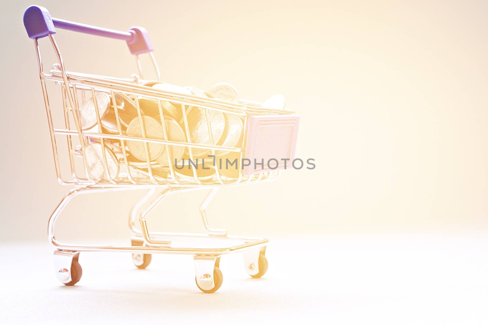 Business, finance, saving money, shopping or loan concept : Coins and shopping cart on desk table
