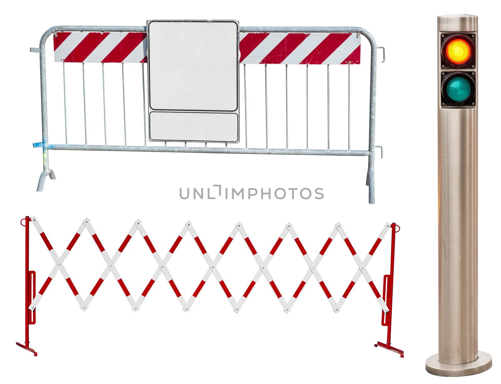 Set of road construction barriers and traffic lights. Isolated on white