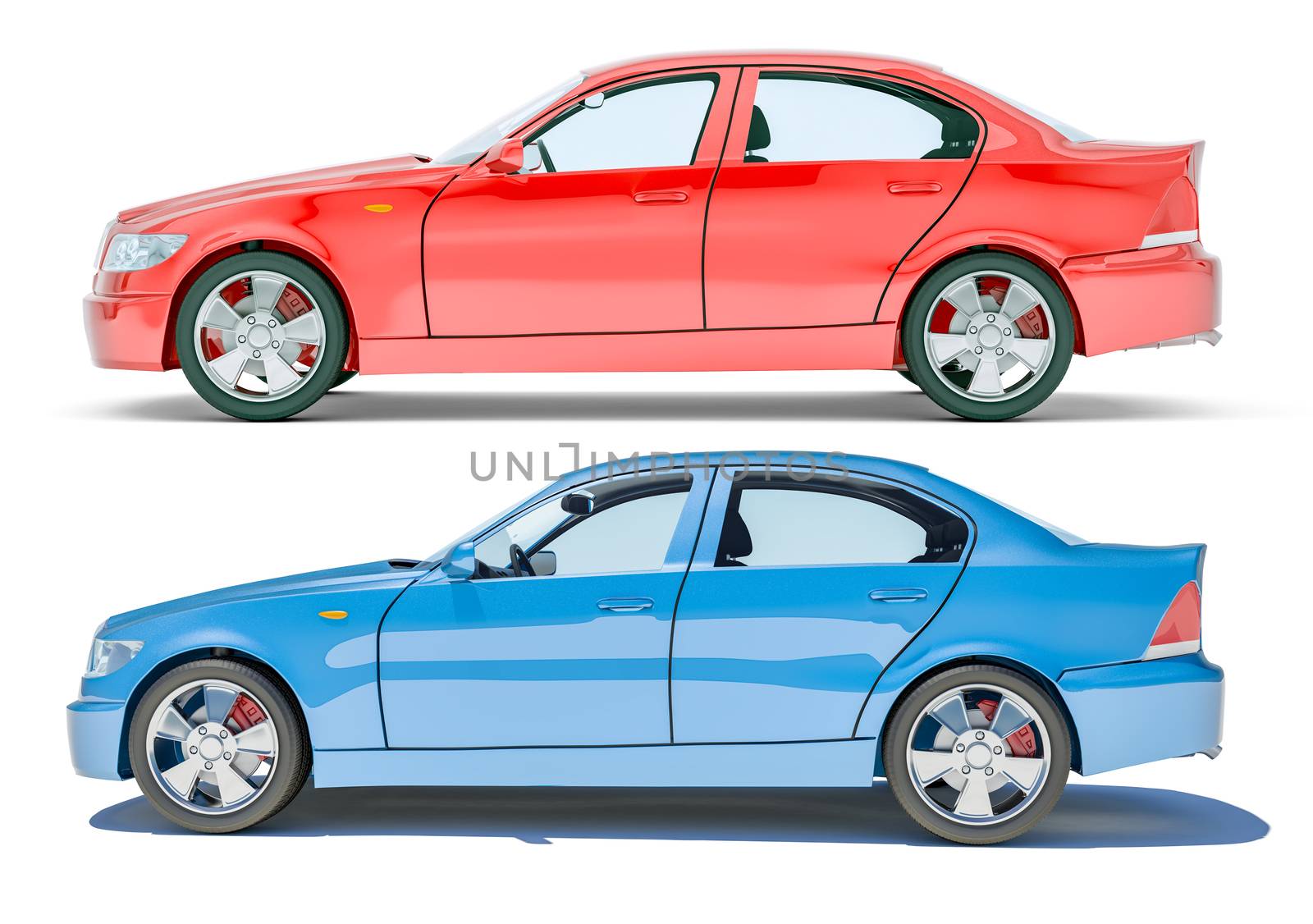 Car set without brand on white background, template for branding and advertising. 3d illustration