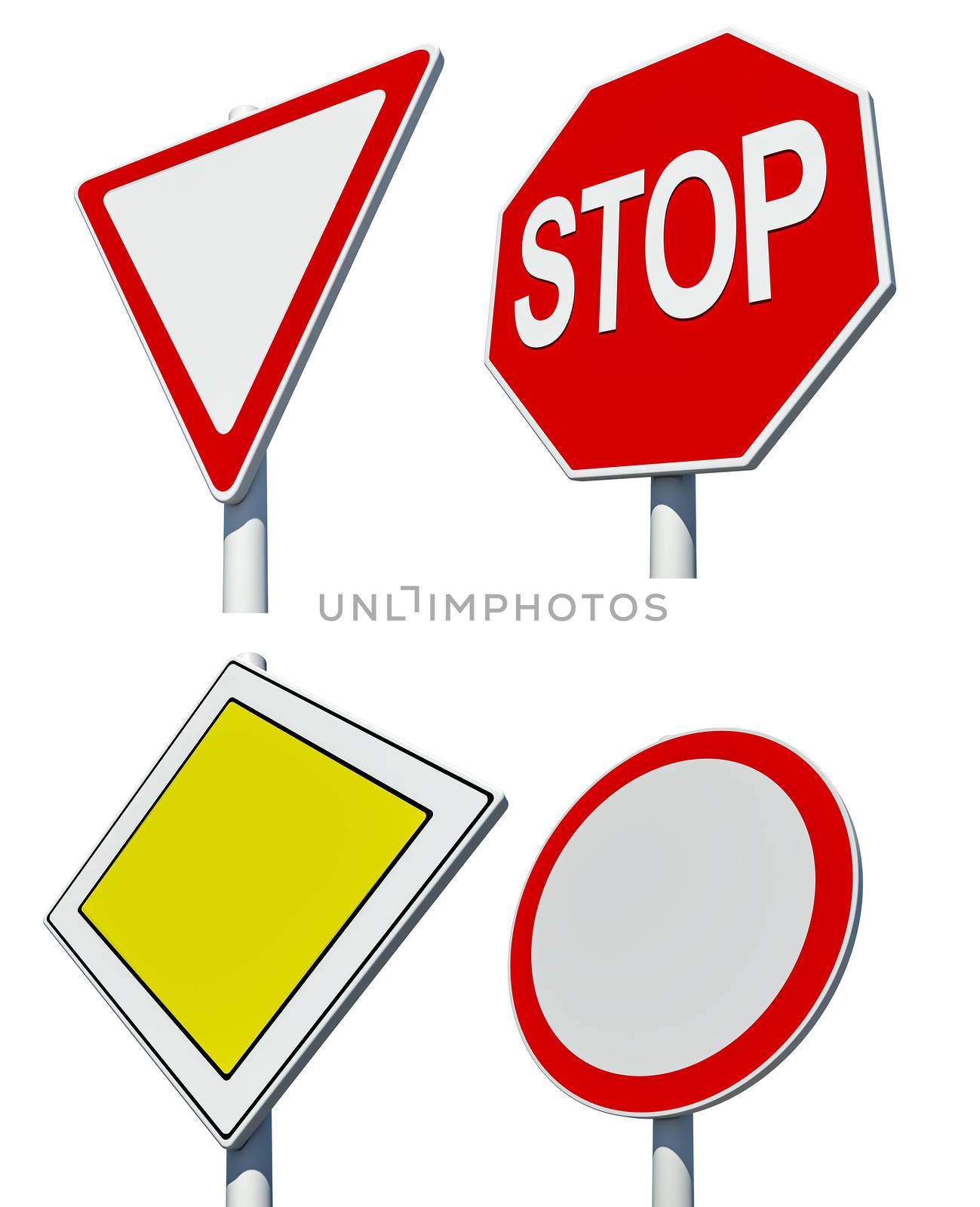 Set of road signs isolated on white background. 3d illustration.