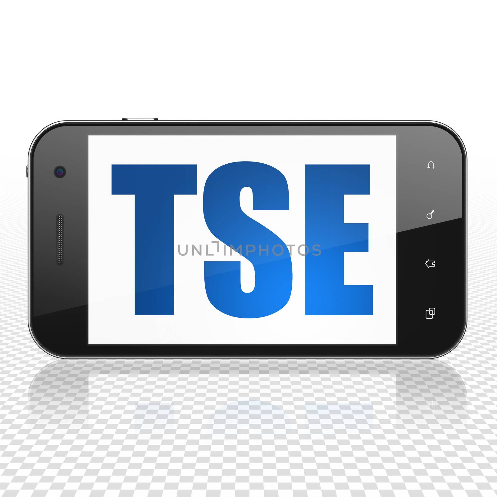 Stock market indexes concept: Smartphone with  blue text TSE on display,  Tag Cloud background, 3D rendering