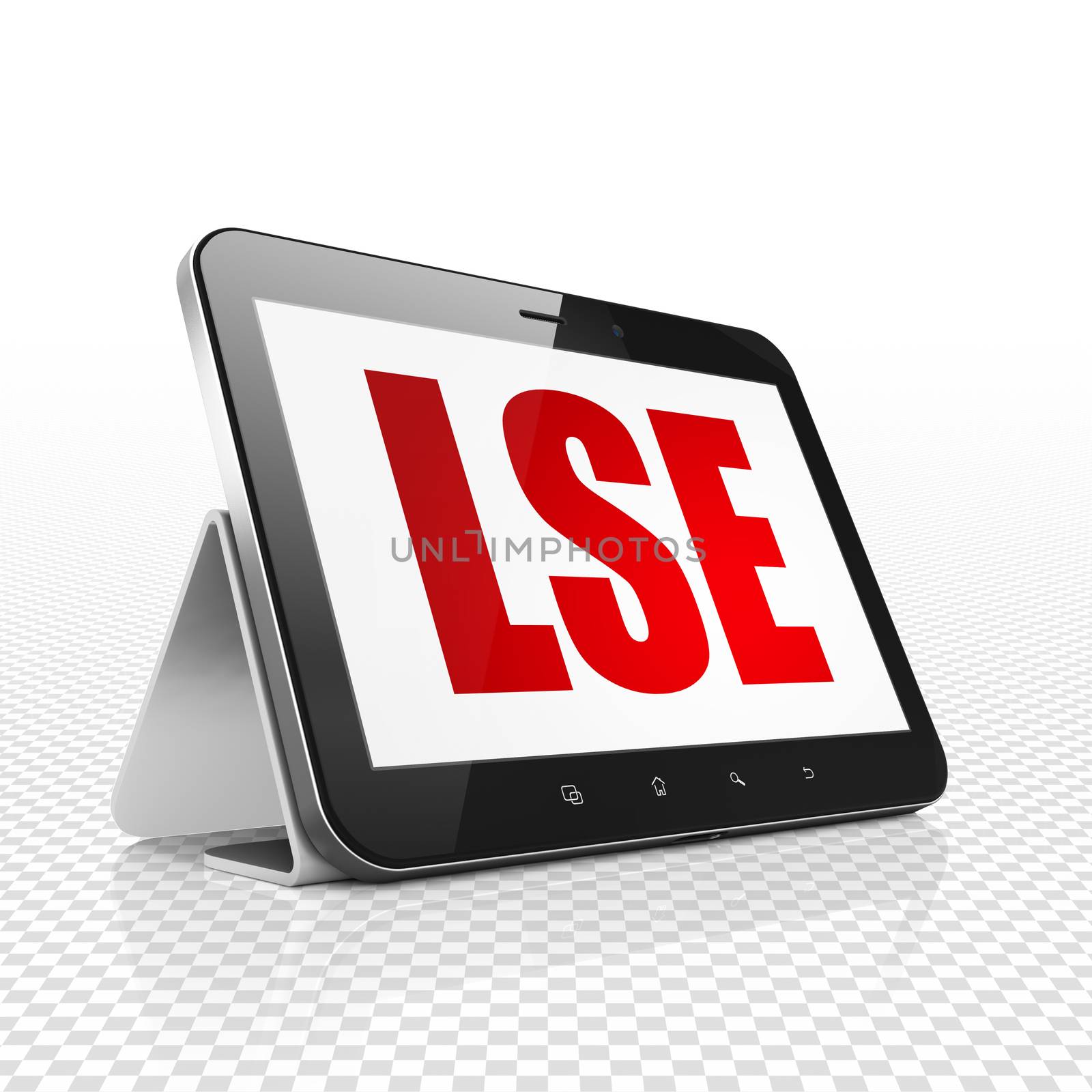 Stock market indexes concept: Tablet Computer with  red text LSE on display,  Tag Cloud background, 3D rendering