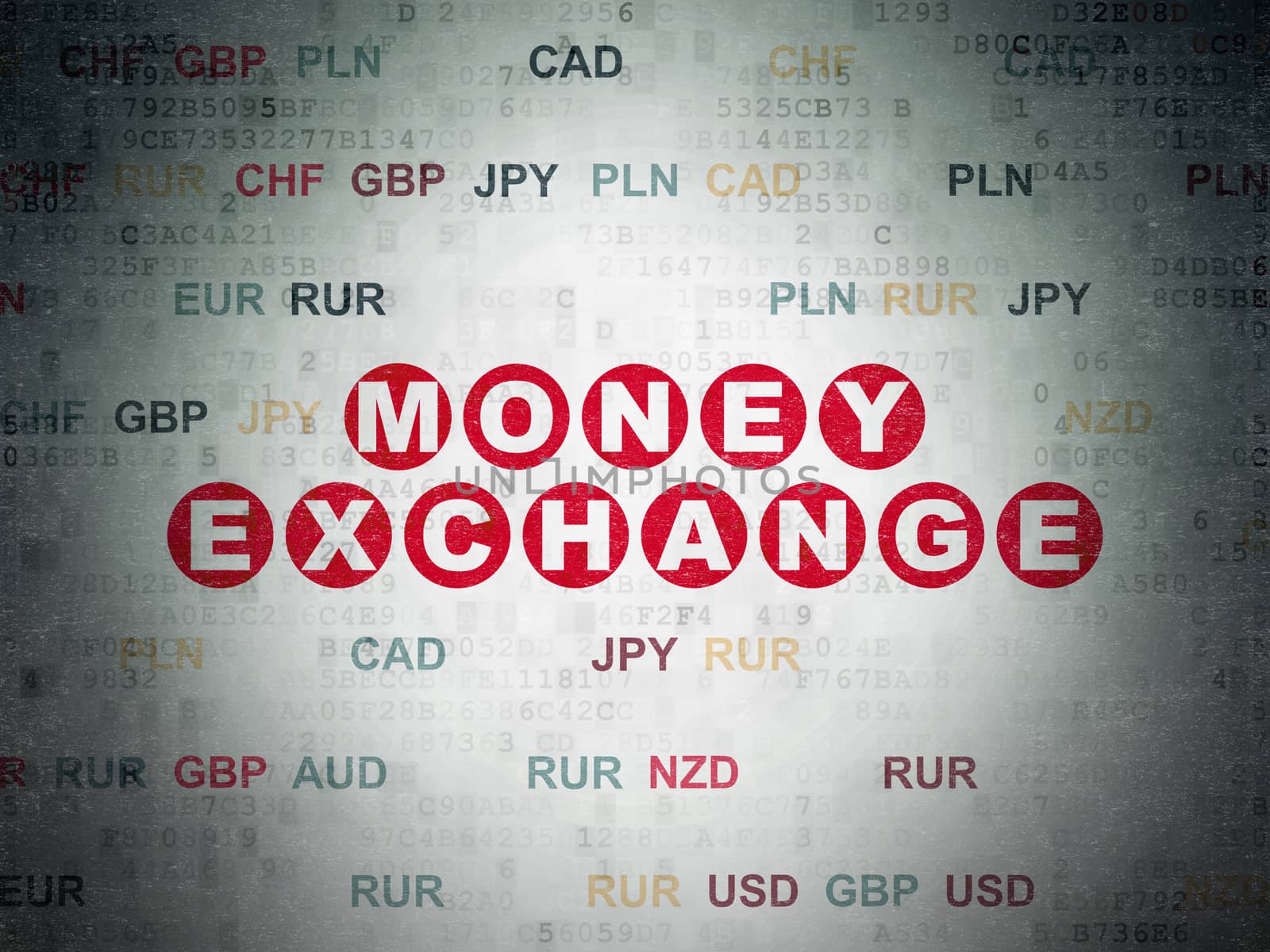 Currency concept: Painted red text Money Exchange on Digital Data Paper background with Currency