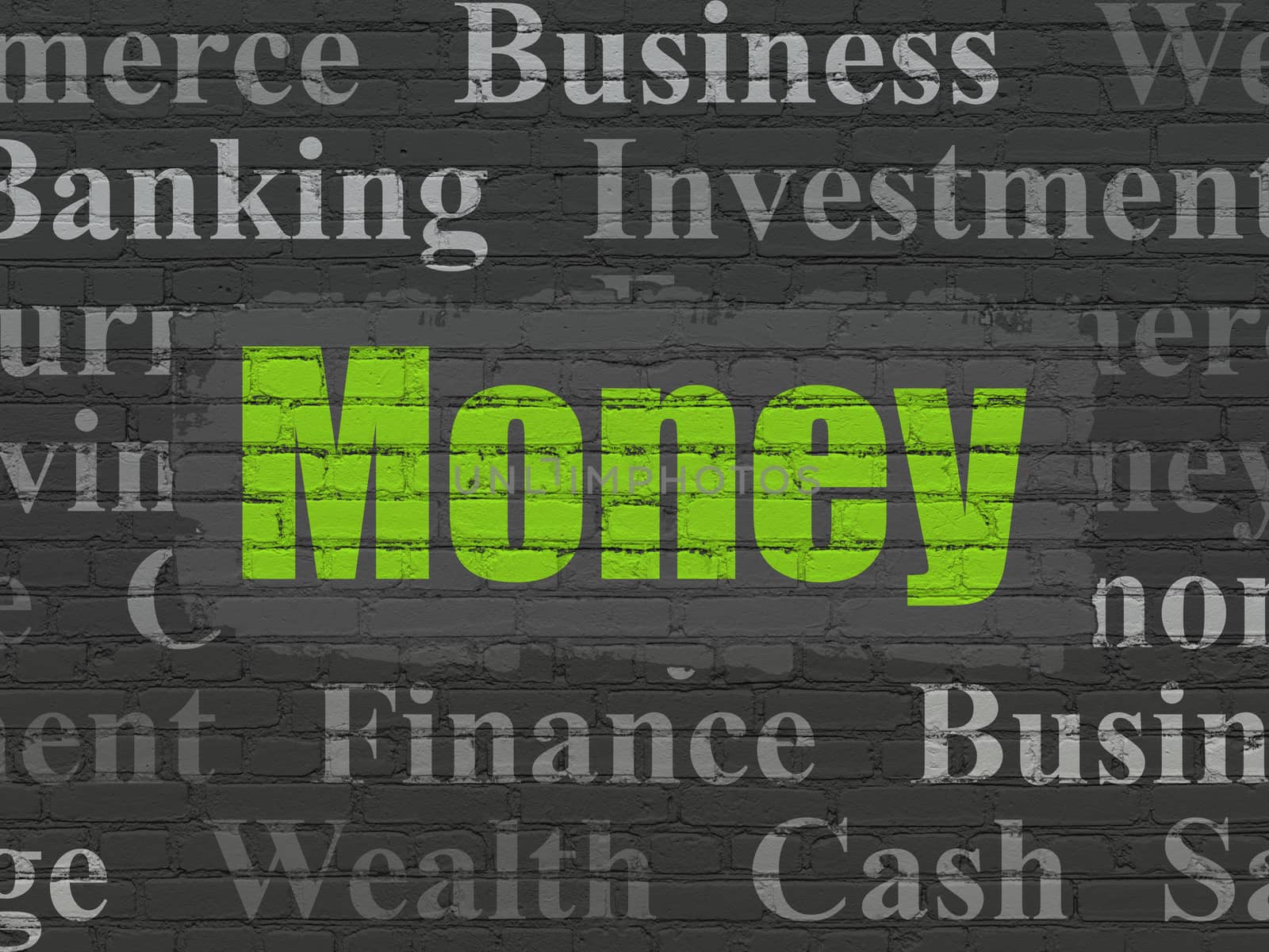 Currency concept: Painted green text Money on Black Brick wall background with  Tag Cloud