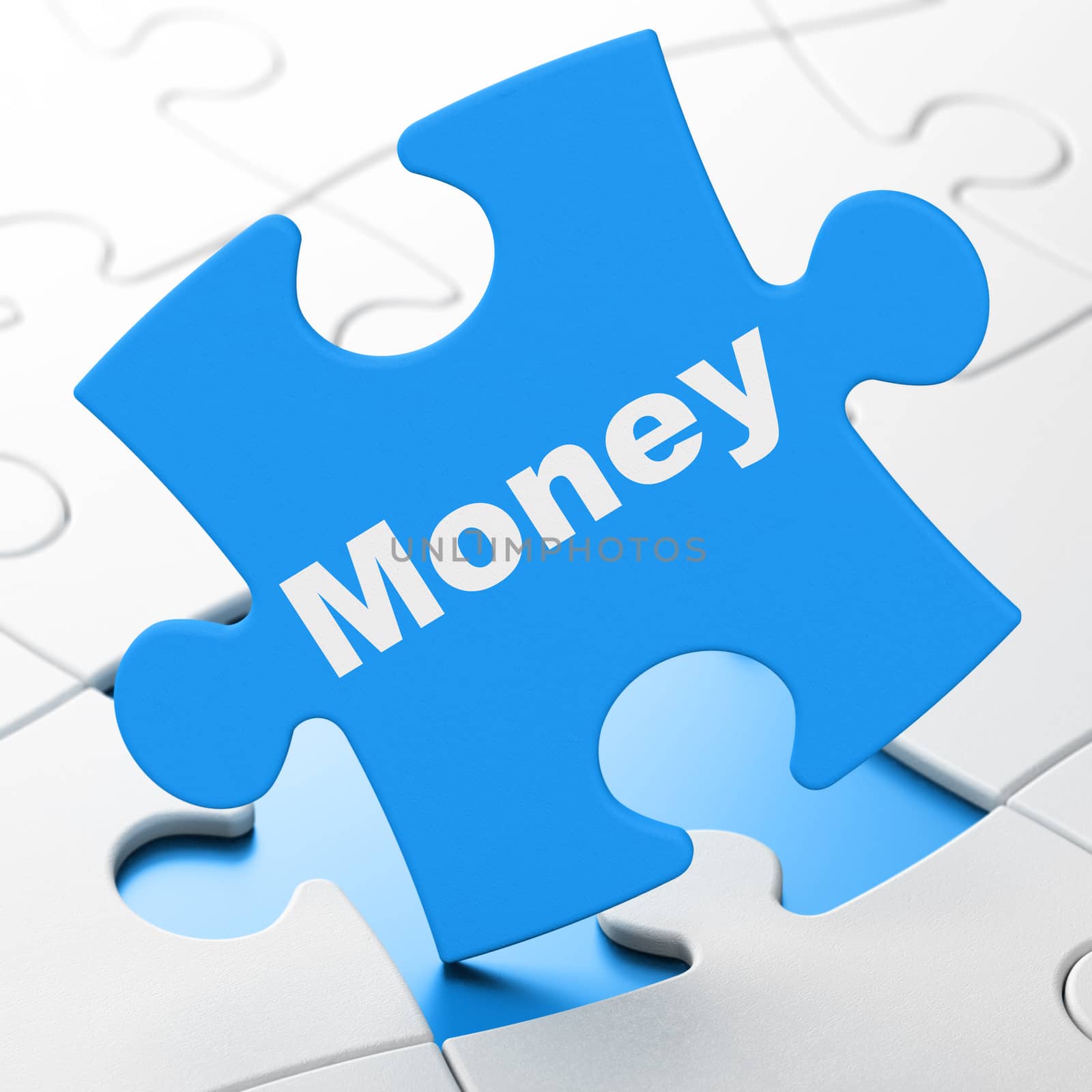 Money concept: Money on Blue puzzle pieces background, 3D rendering
