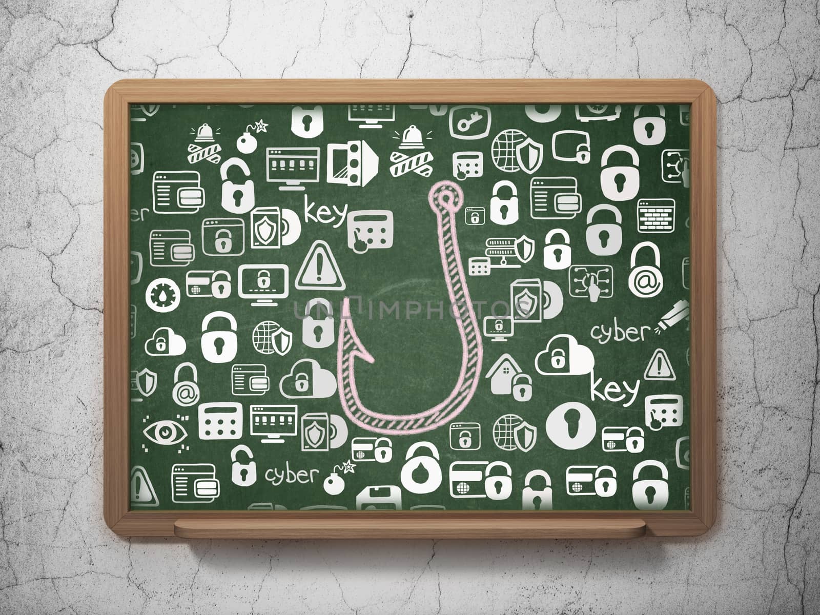 Protection concept: Chalk Pink Fishing Hook icon on School board background with  Hand Drawn Security Icons, 3D Rendering