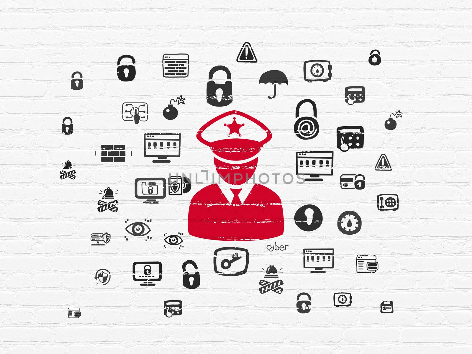 Privacy concept: Painted red Police icon on White Brick wall background with  Hand Drawn Security Icons