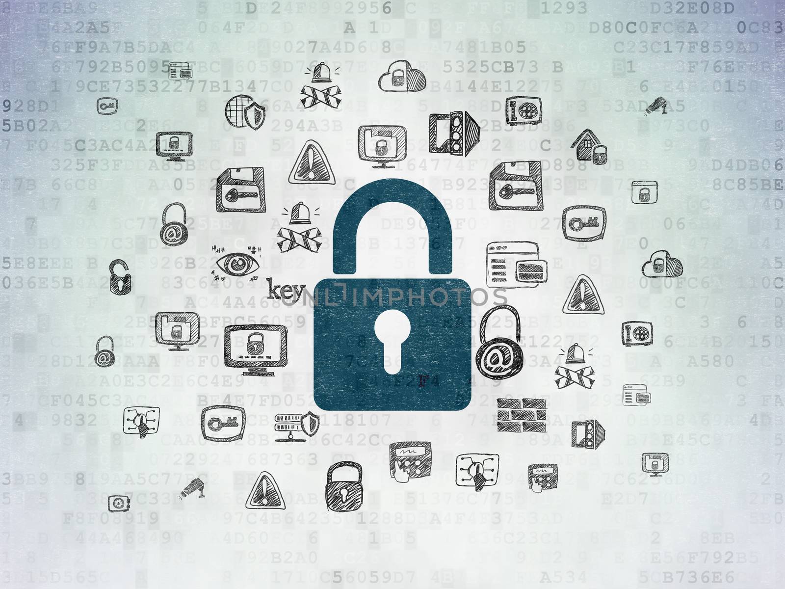 Security concept: Painted blue Closed Padlock icon on Digital Data Paper background with  Hand Drawn Security Icons