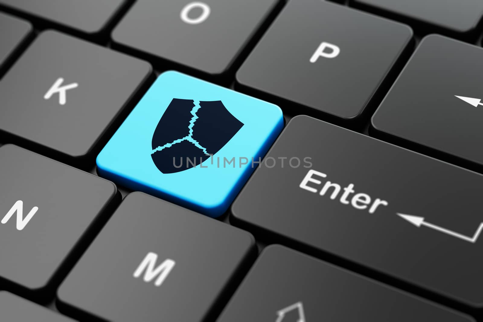 Safety concept: computer keyboard with Broken Shield icon on enter button background, 3D rendering