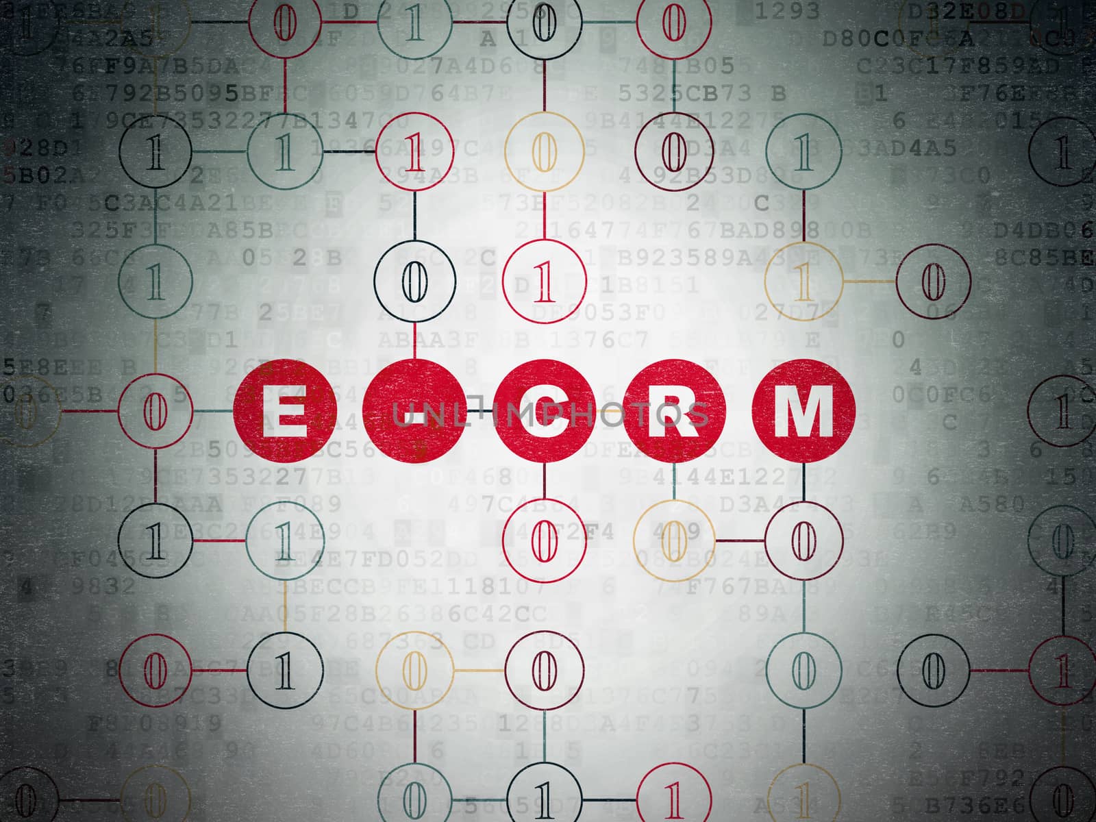 Finance concept: Painted red text E-CRM on Digital Data Paper background with Binary Code