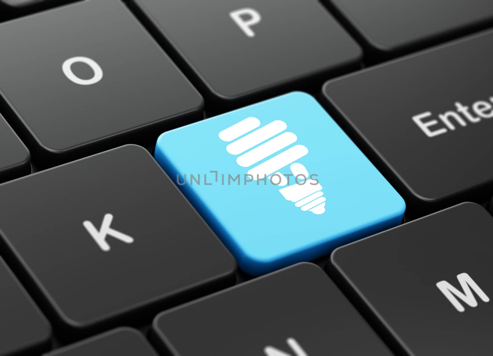 Business concept: computer keyboard with Energy Saving Lamp icon on enter button background, 3D rendering