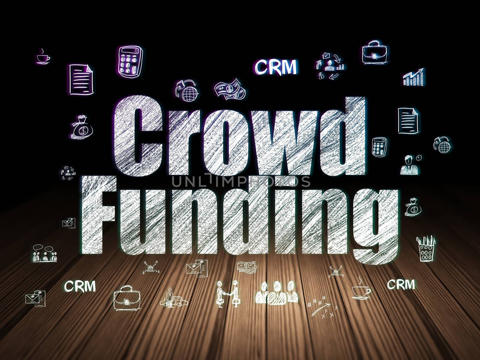 Finance concept: Glowing text Crowd Funding,  Hand Drawn Business Icons in grunge dark room with Wooden Floor, black background