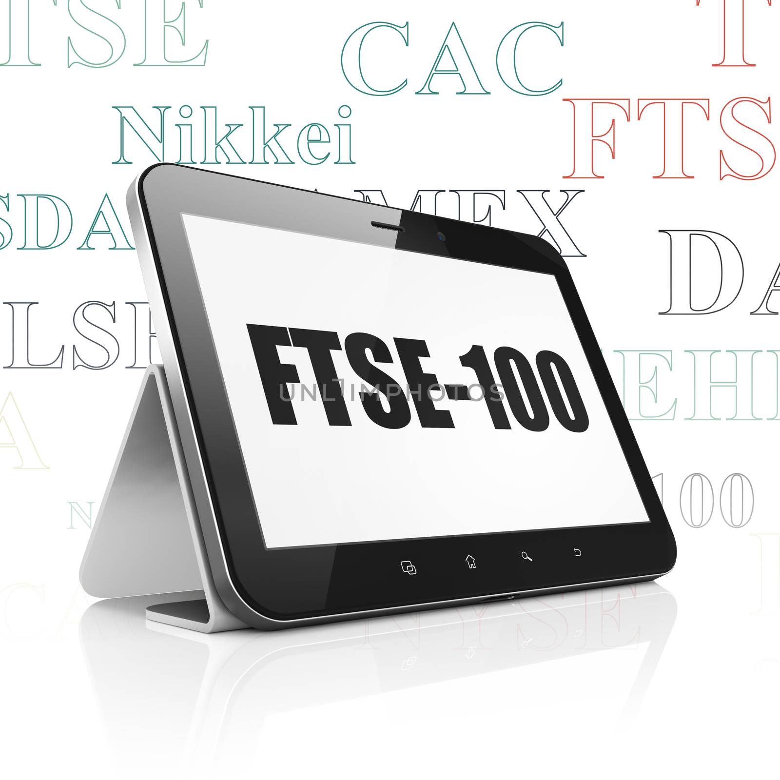 Stock market indexes concept: Tablet Computer with  black text FTSE-100 on display,  Tag Cloud background, 3D rendering