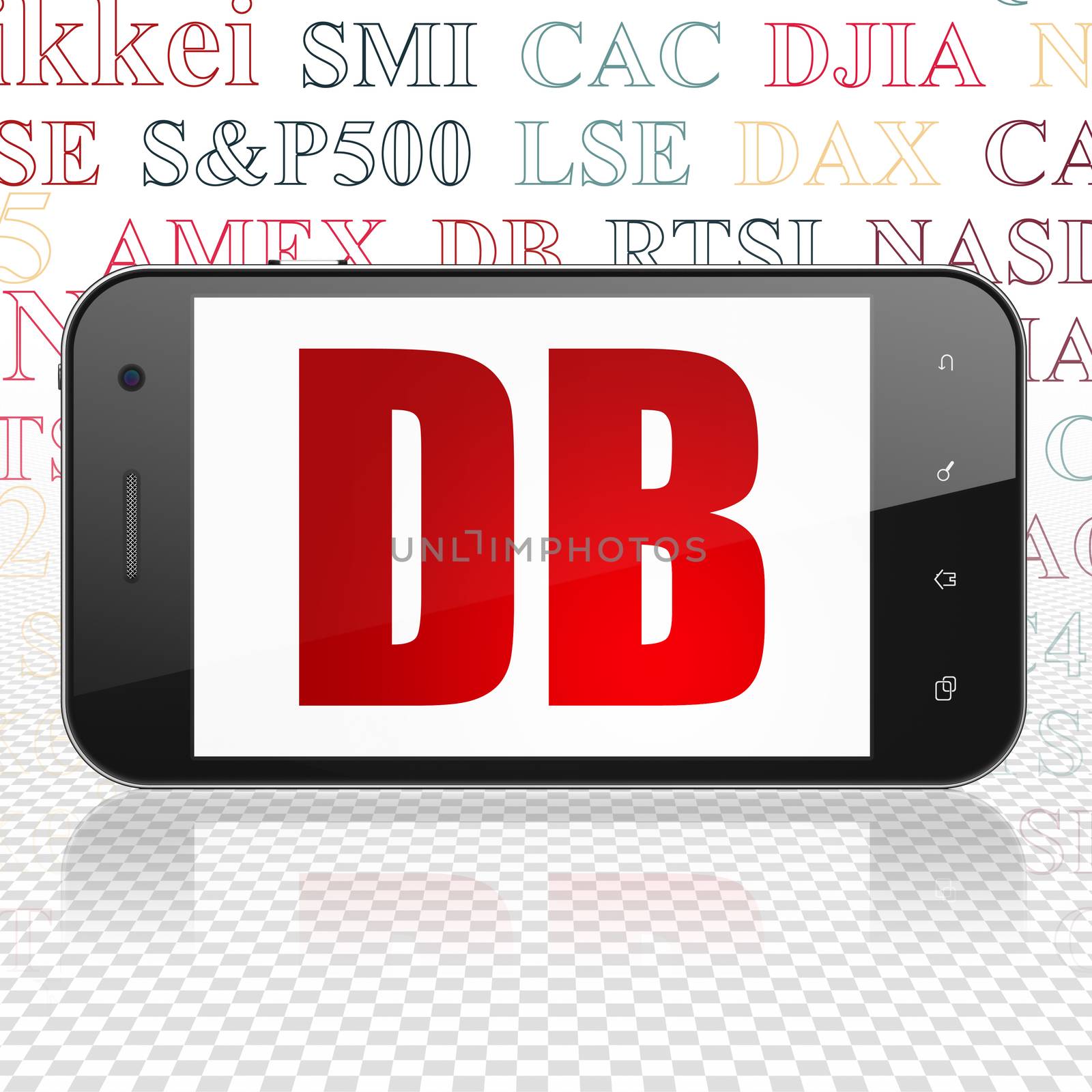Stock market indexes concept: Smartphone with  red text DB on display,  Tag Cloud background, 3D rendering