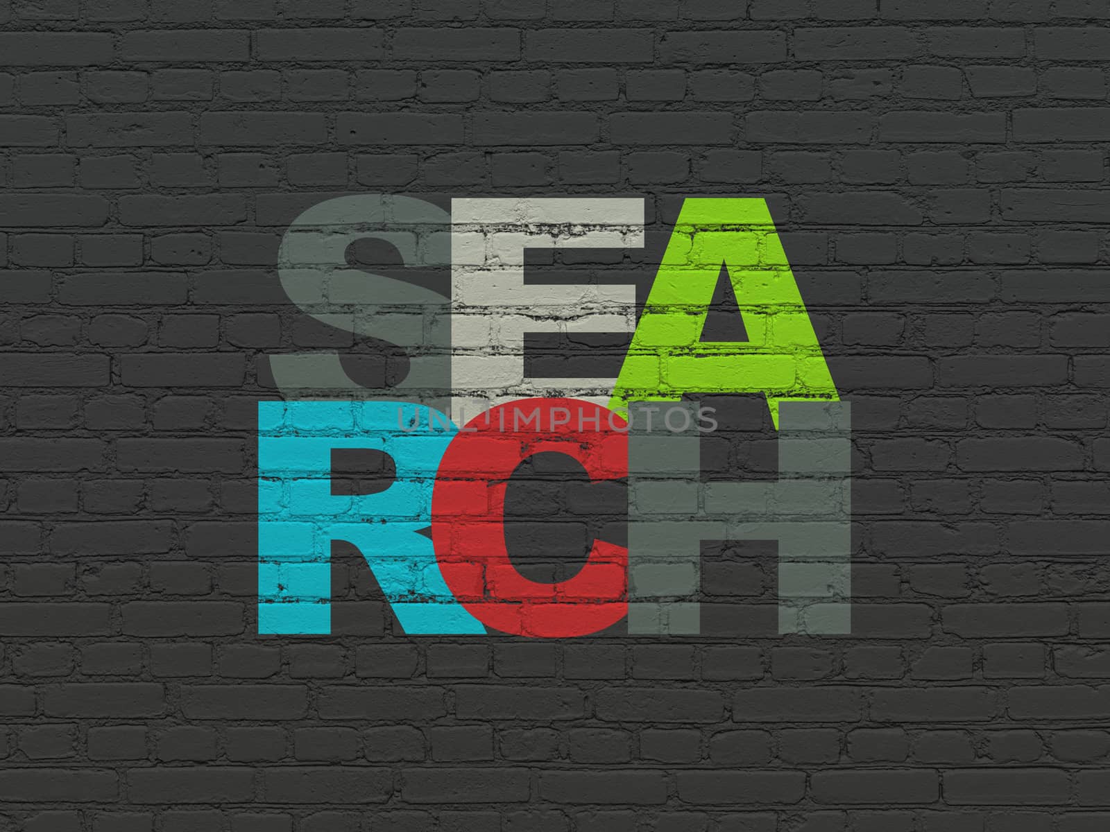 Web design concept: Painted multicolor text Search on Black Brick wall background