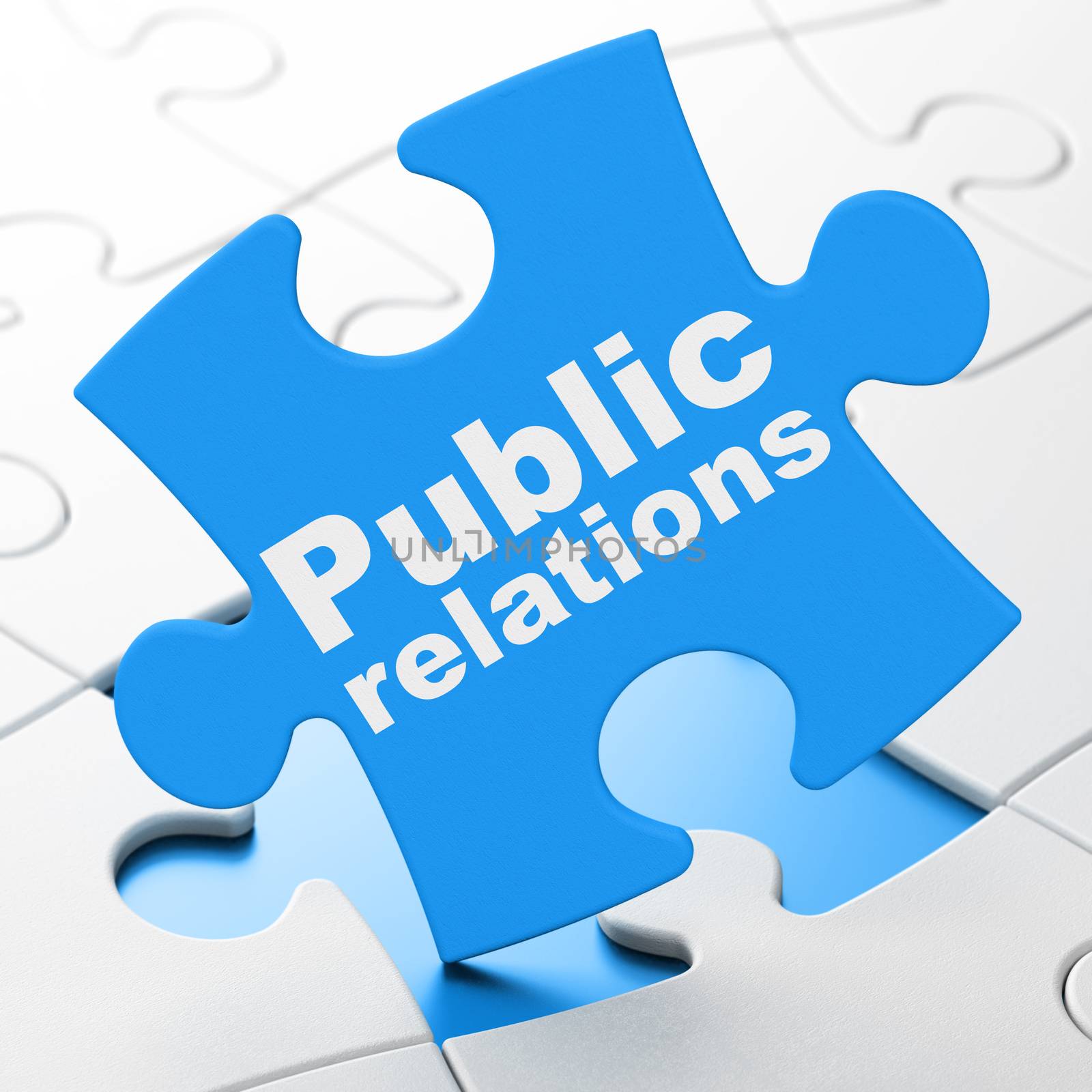 Marketing concept: Public Relations on Blue puzzle pieces background, 3D rendering