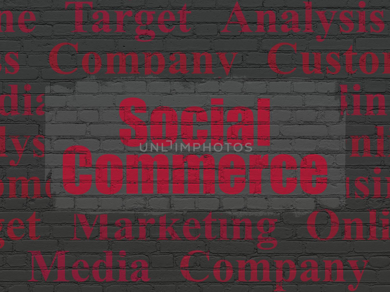 Marketing concept: Painted red text Social Commerce on Black Brick wall background with  Tag Cloud