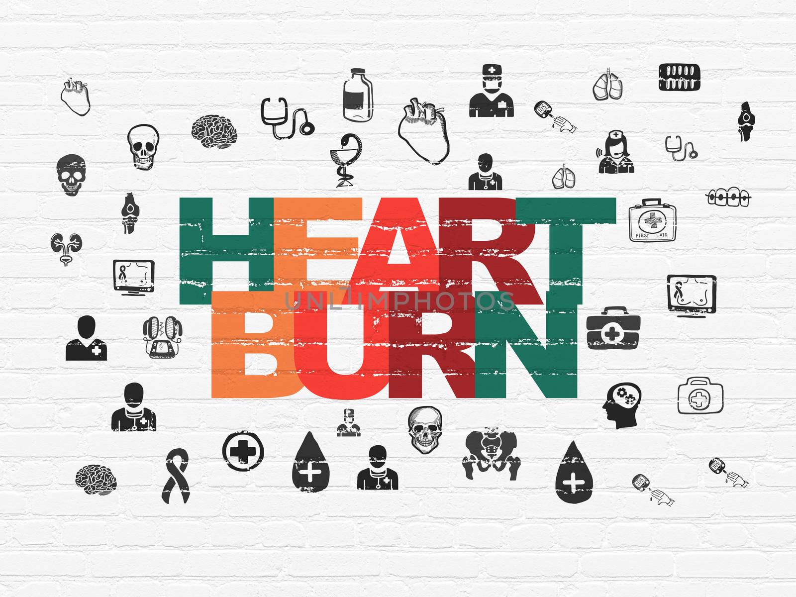 Health concept: Painted multicolor text Heartburn on White Brick wall background with  Hand Drawn Medicine Icons