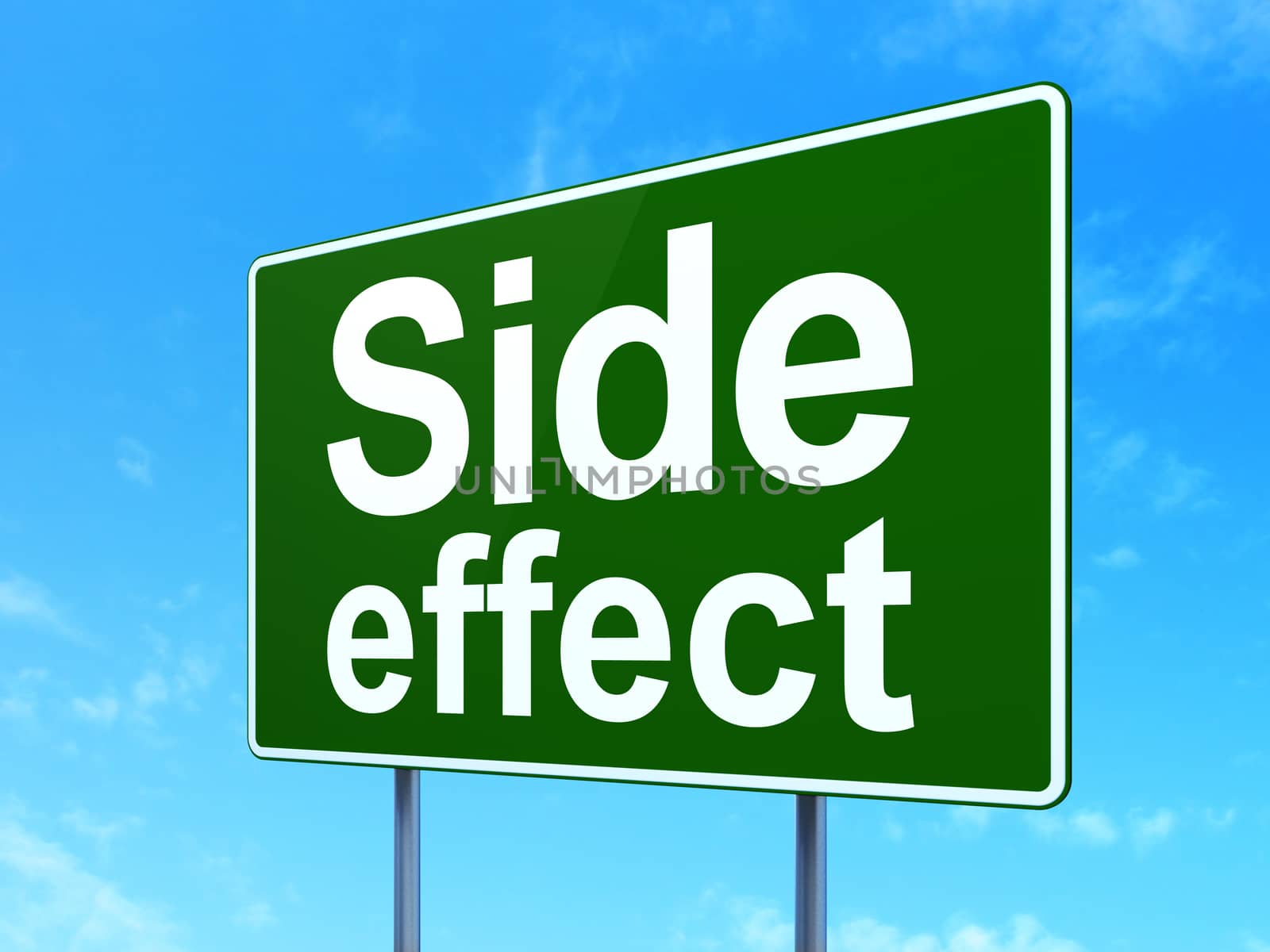 Healthcare concept: Side Effect on green road highway sign, clear blue sky background, 3D rendering