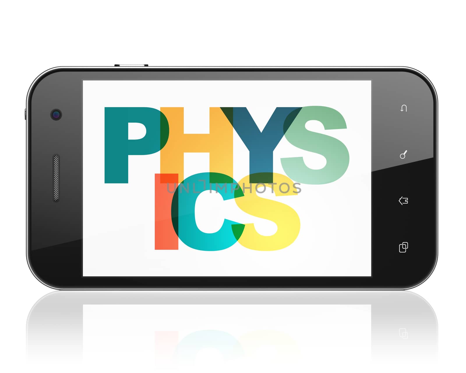 Studying concept: Smartphone with Painted multicolor text Physics on display, 3D rendering