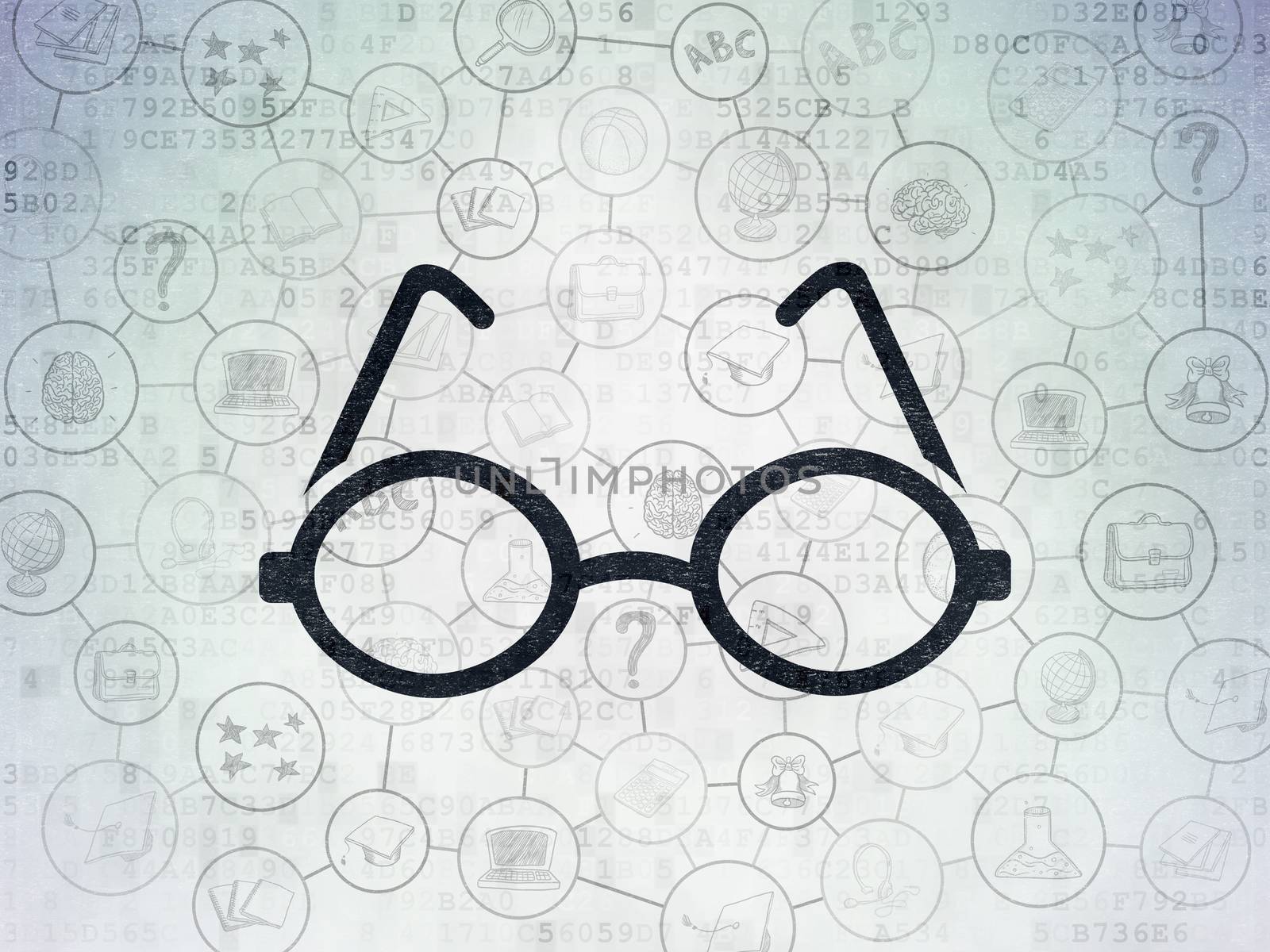 Learning concept: Painted black Glasses icon on Digital Data Paper background with Scheme Of Hand Drawn Education Icons