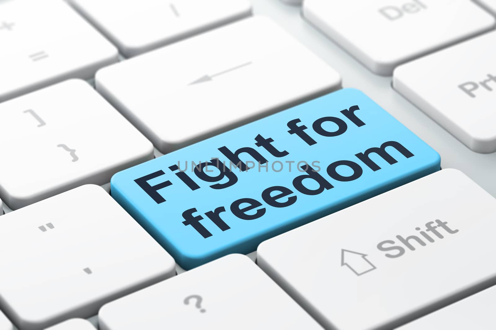 Politics concept: computer keyboard with word Fight For Freedom, selected focus on enter button background, 3D rendering