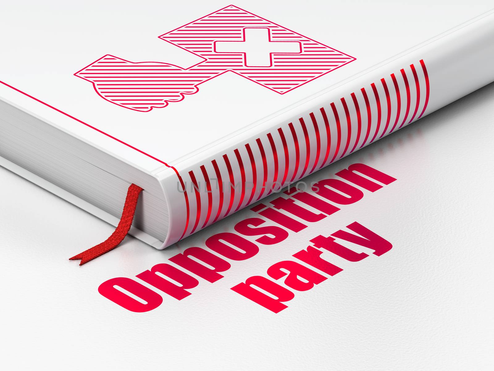 Political concept: closed book with Red Protest icon and text Opposition Party on floor, white background, 3D rendering