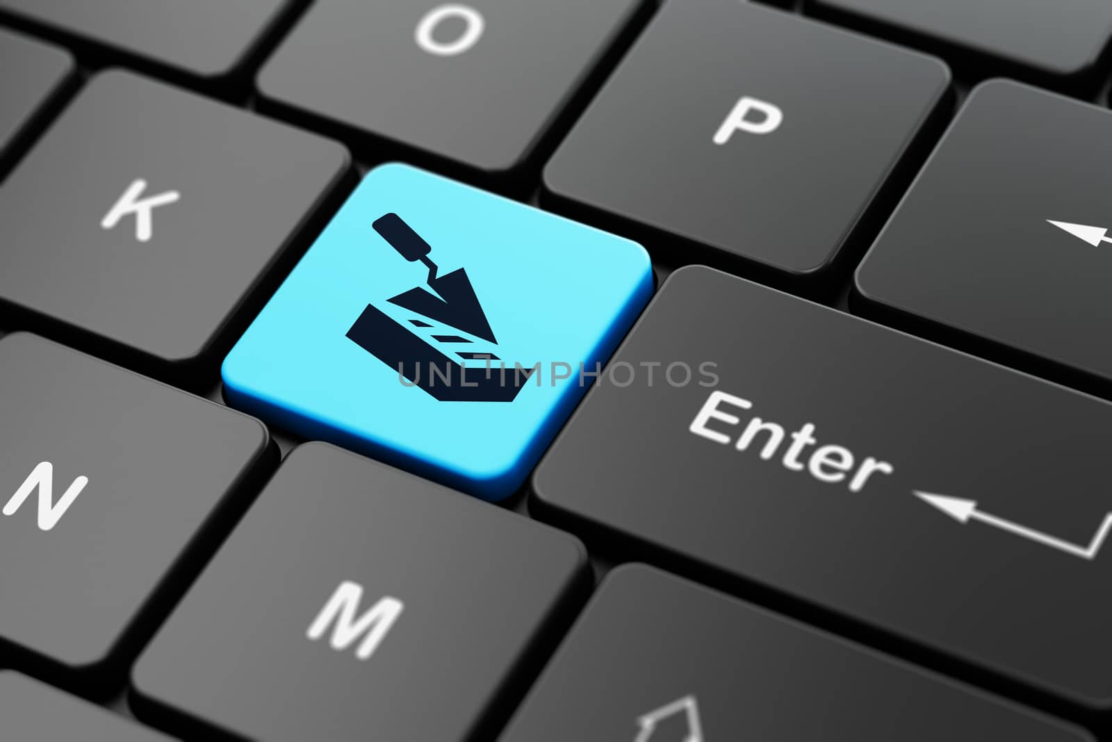 Construction concept: computer keyboard with Brick Wall icon on enter button background, 3D rendering