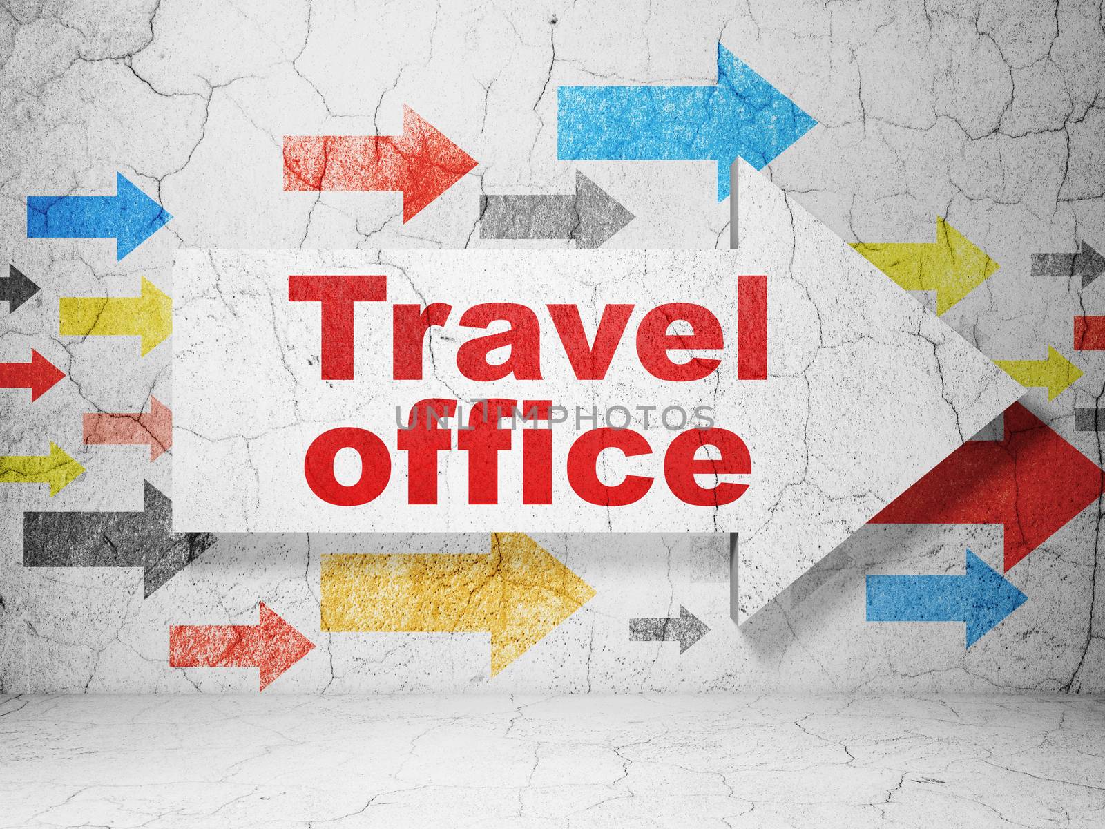 Tourism concept:  arrow with Travel Office on grunge textured concrete wall background, 3D rendering