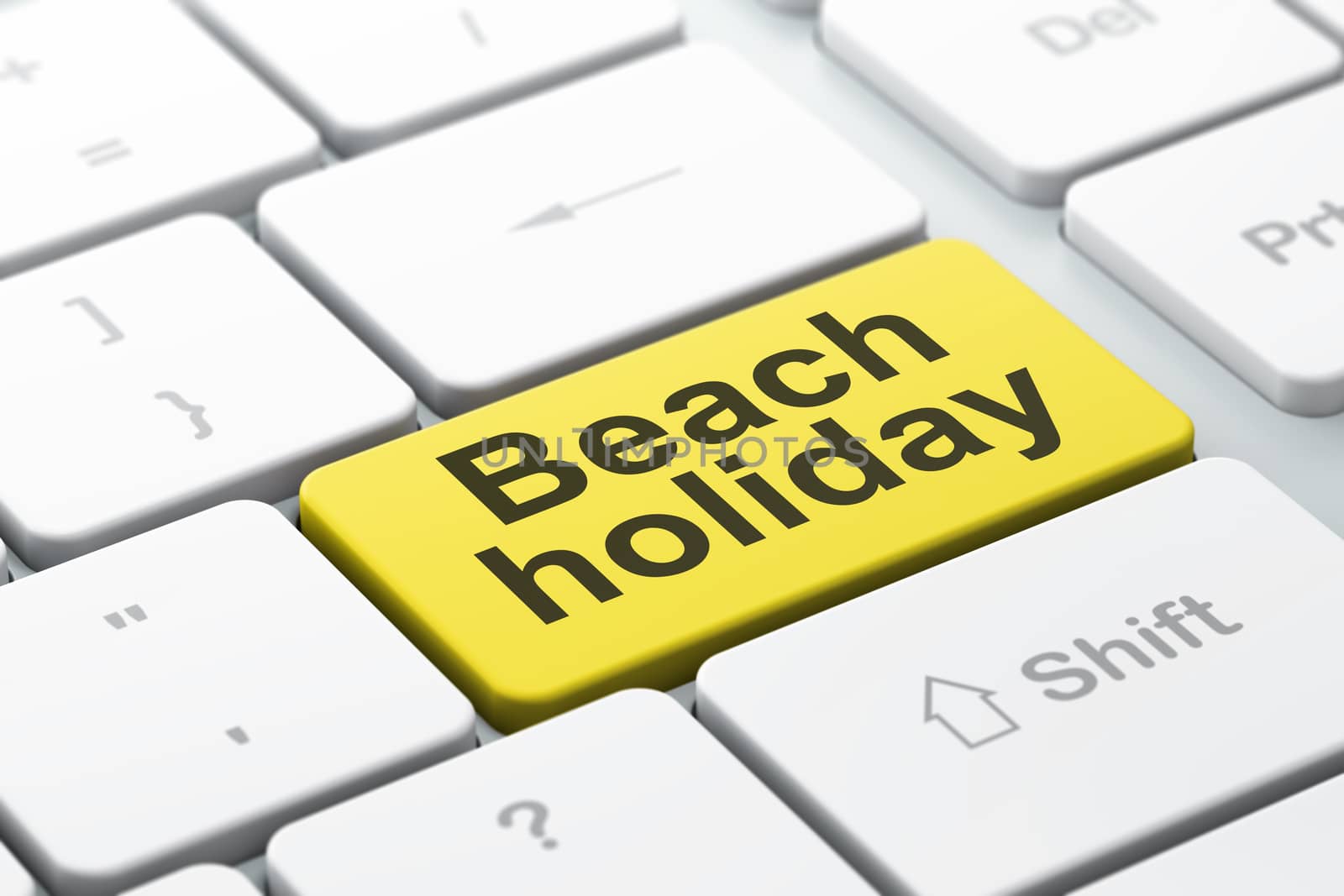 Tourism concept: computer keyboard with word Beach Holiday, selected focus on enter button background, 3D rendering