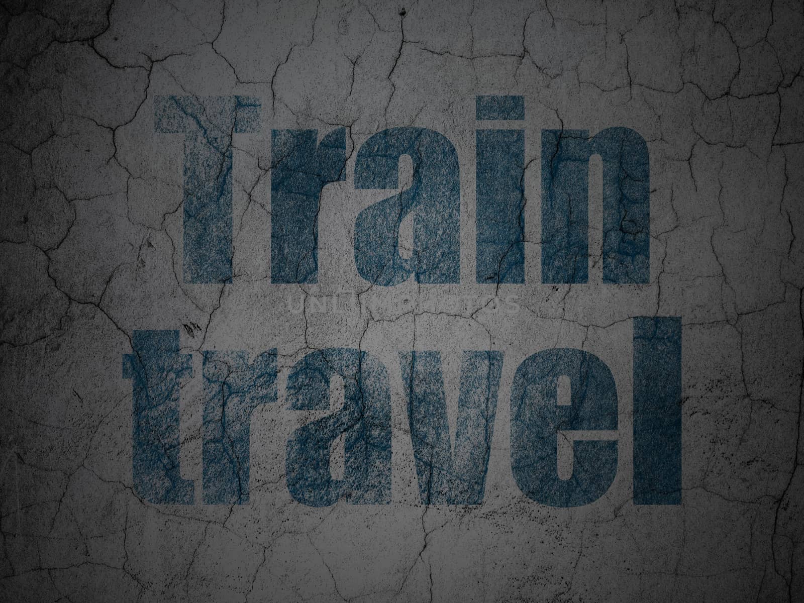 Tourism concept: Blue Train Travel on grunge textured concrete wall background