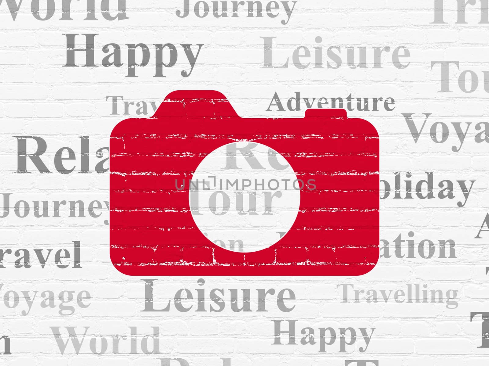 Vacation concept: Painted red Photo Camera icon on White Brick wall background with  Tag Cloud