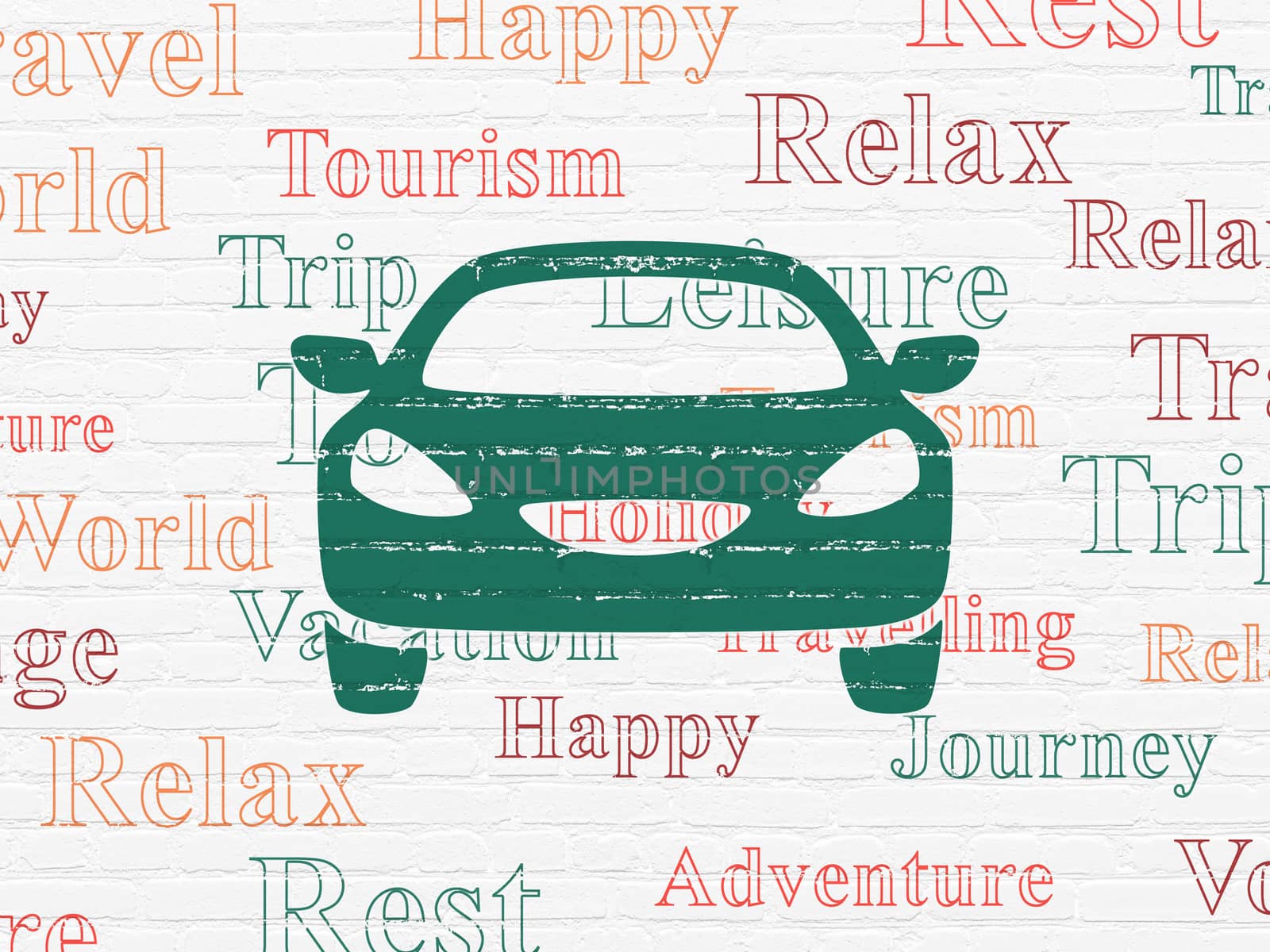 Tourism concept: Painted green Car icon on White Brick wall background with  Tag Cloud