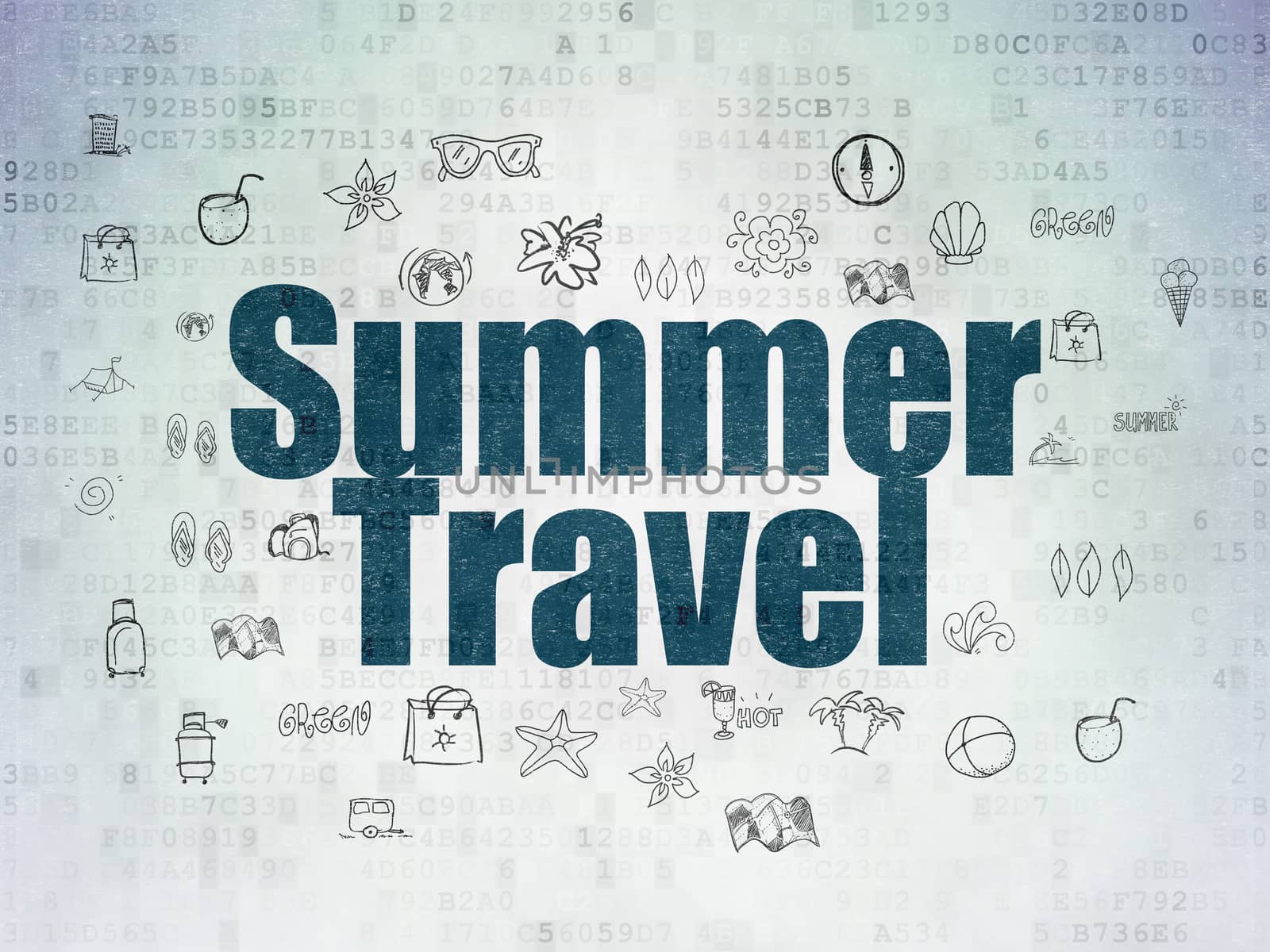 Tourism concept: Painted blue text Summer Travel on Digital Data Paper background with  Hand Drawn Vacation Icons