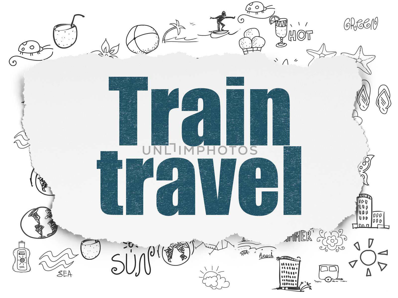 Vacation concept: Painted blue text Train Travel on Torn Paper background with  Hand Drawn Vacation Icons