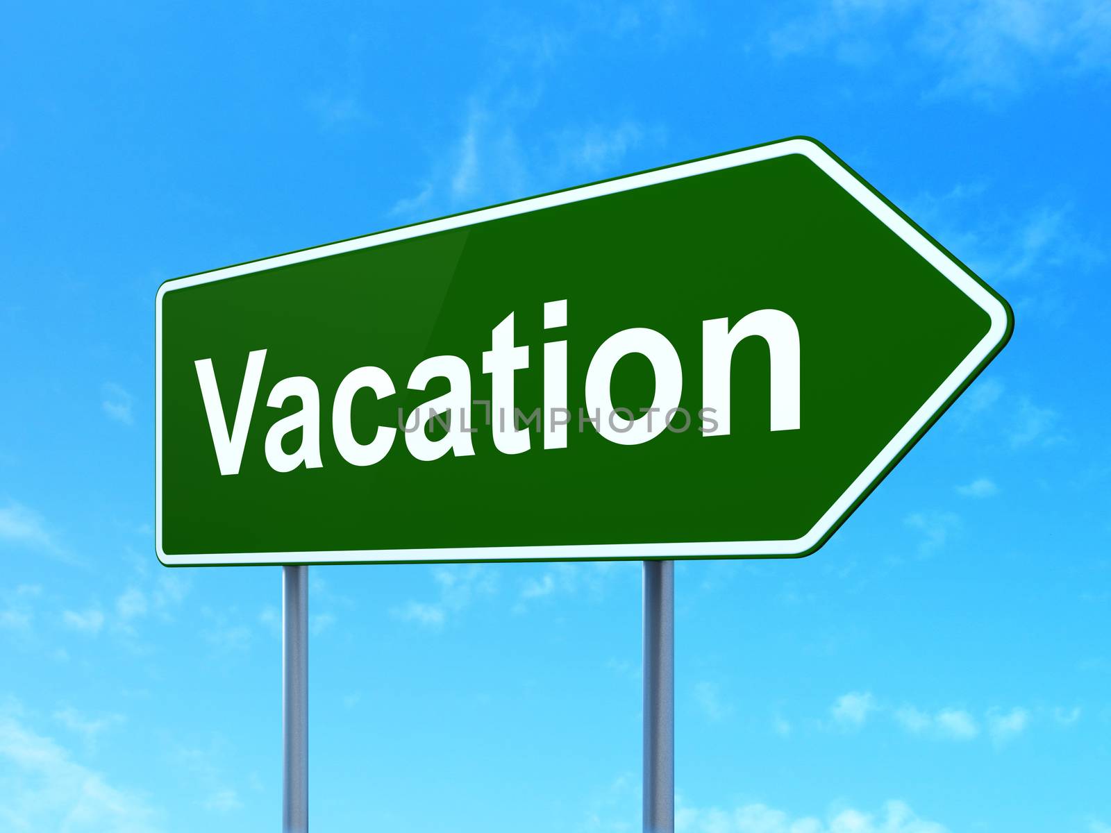 Vacation concept: Vacation on green road highway sign, clear blue sky background, 3D rendering