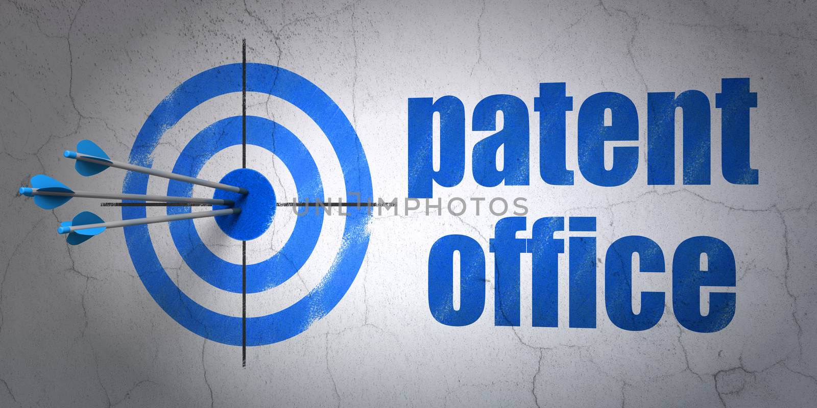 Success law concept: arrows hitting the center of target, Blue Patent Office on wall background, 3D rendering