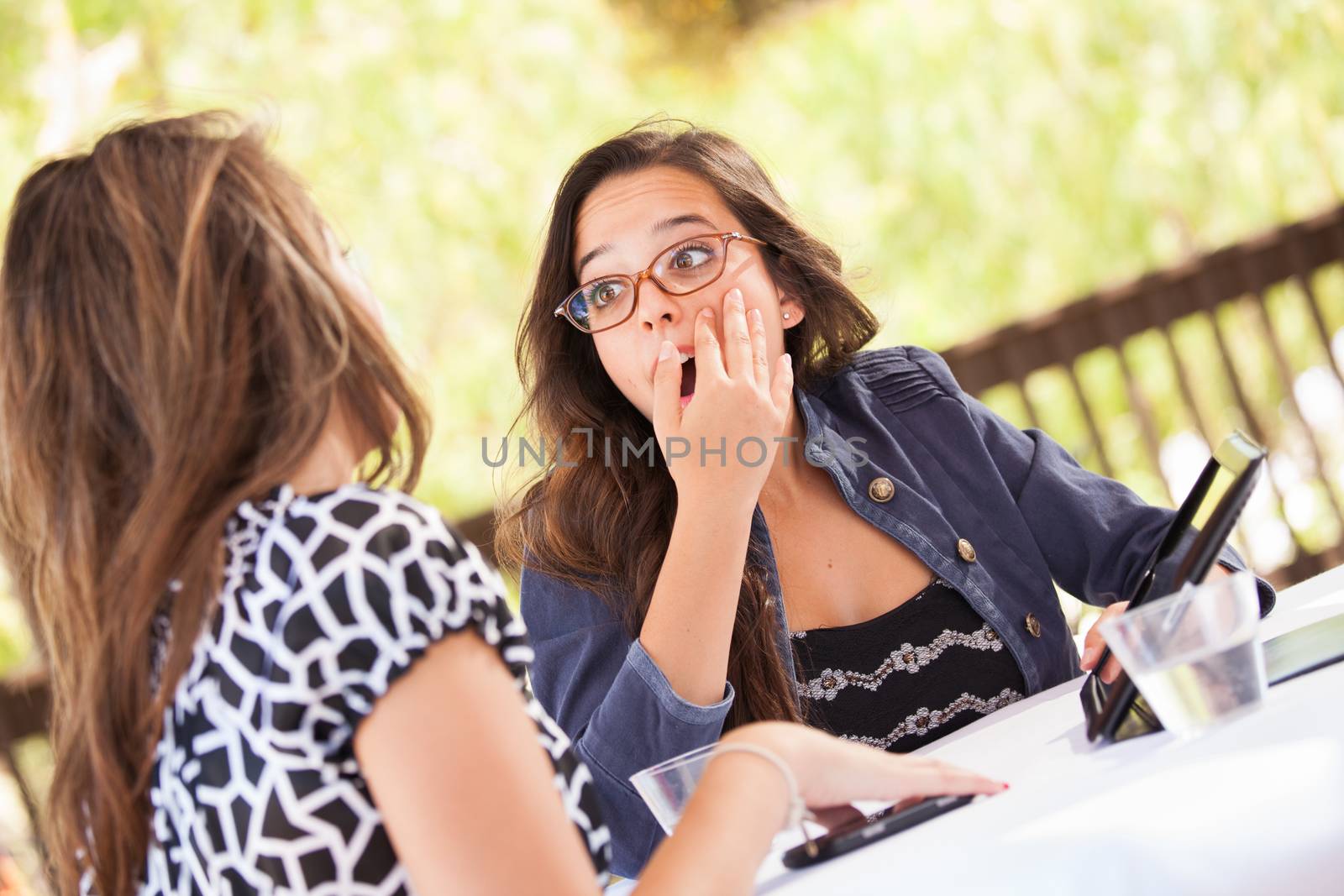 Expressive Young Adult Girlfriends Using Their Computer Electronics Outdoors by Feverpitched