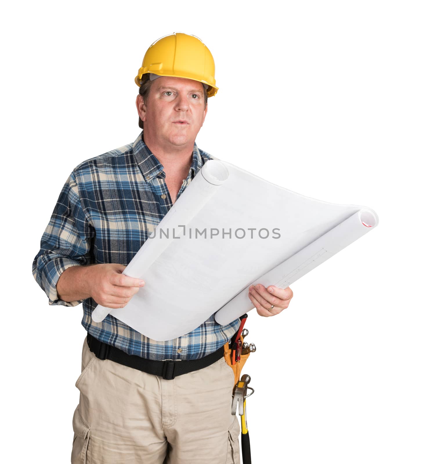 Male Contractor With House Plans Wearing Hard Hat Isolated on White