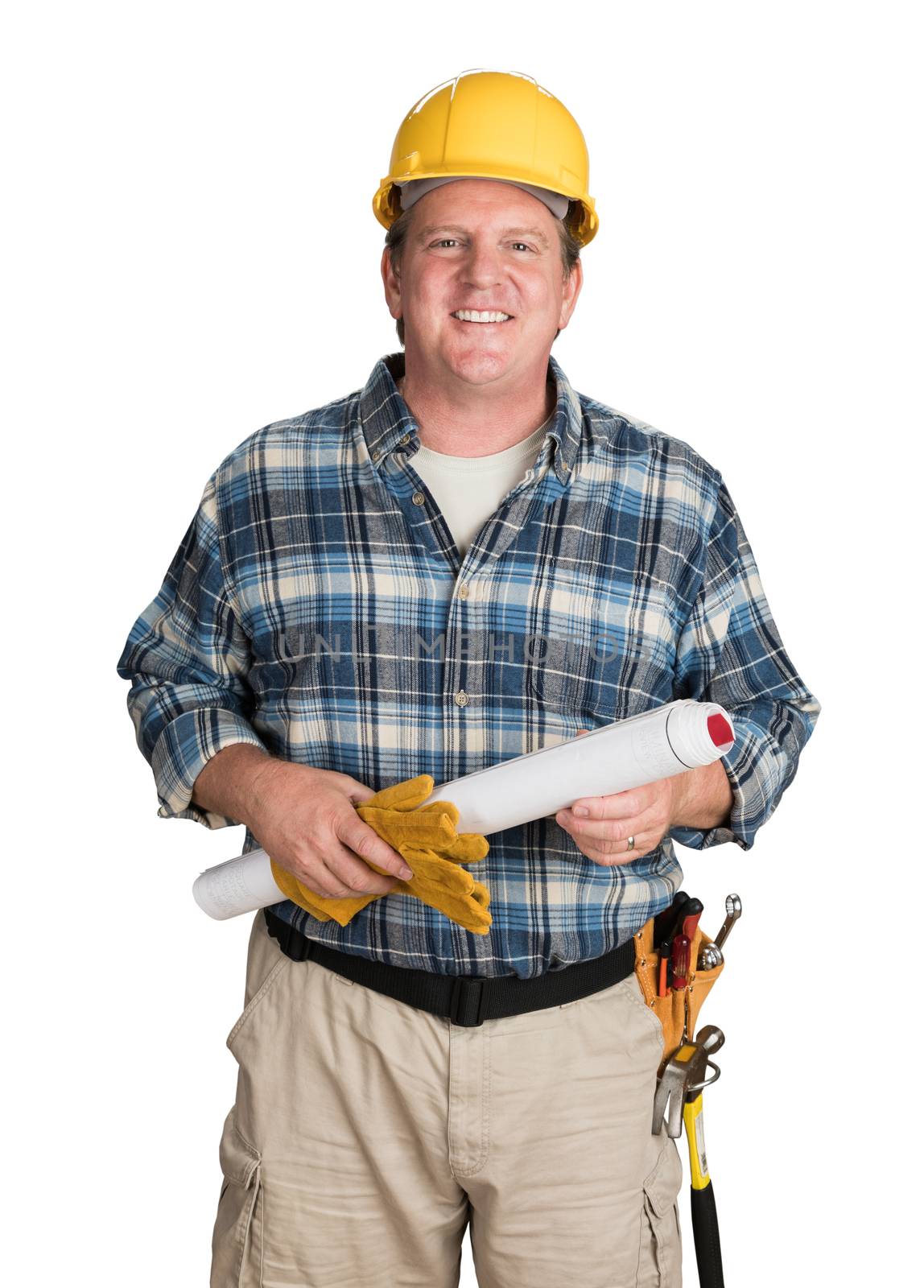 Male Contractor With House Plans Wearing Hard Hat Isolated on White by Feverpitched