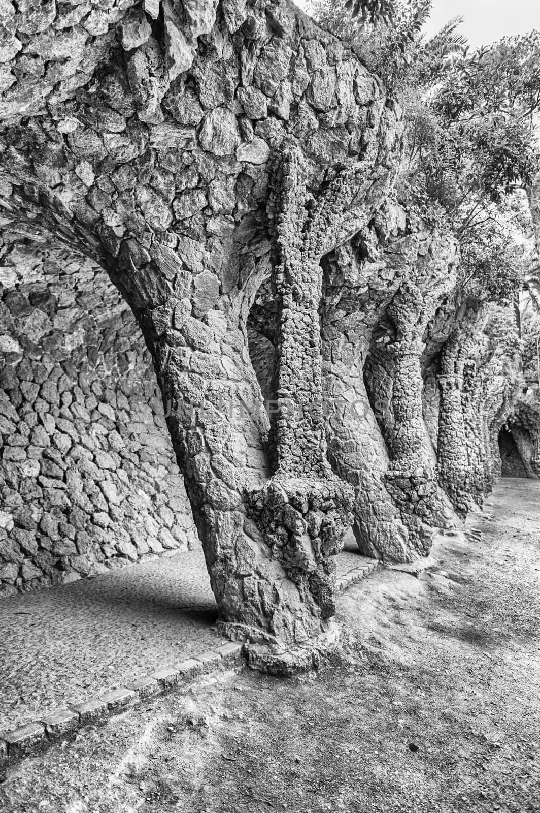 Colonnaded pathway in Park Guell, Barcelona, Catalonia, Spain by marcorubino